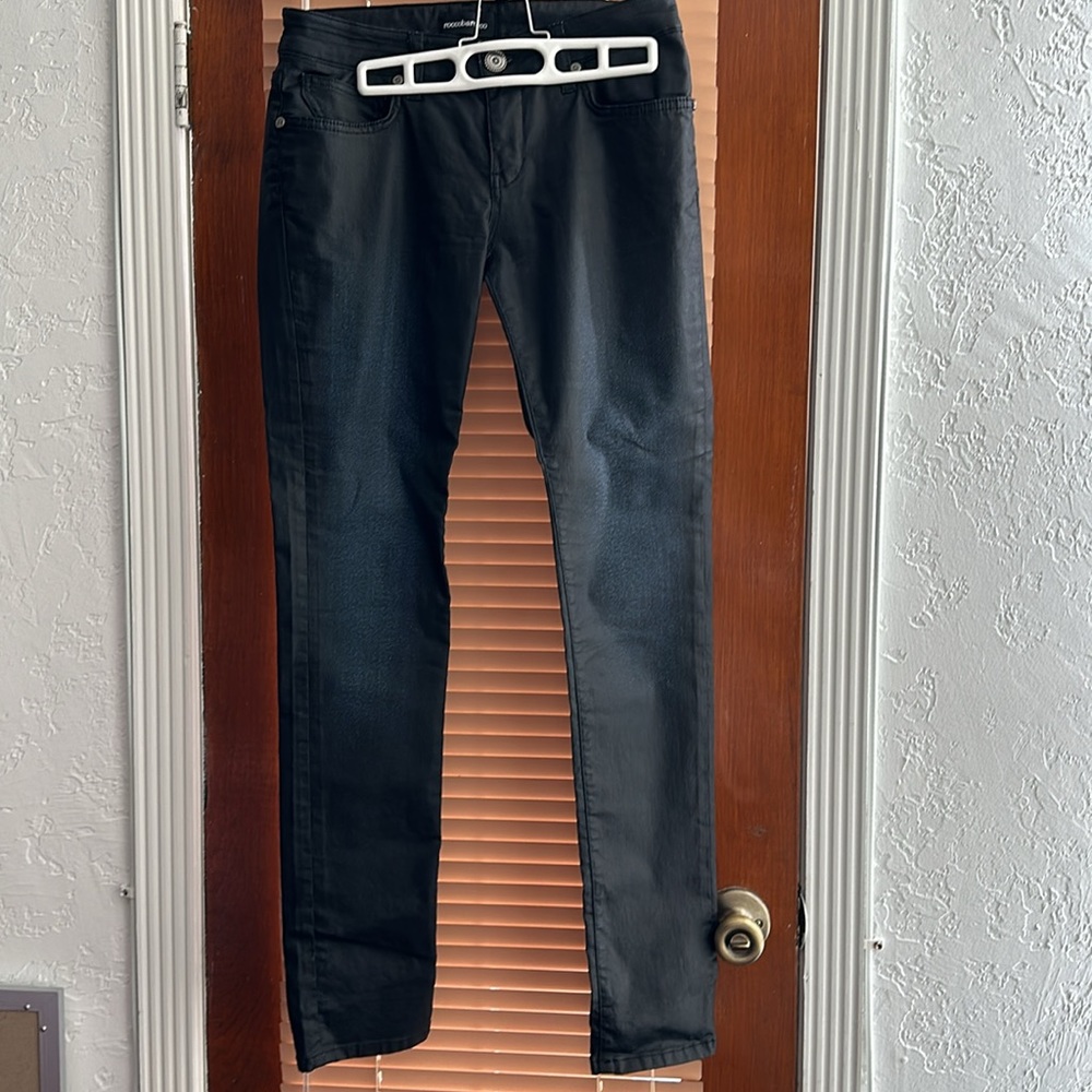 Roccobarocco black jeans with blue accents.